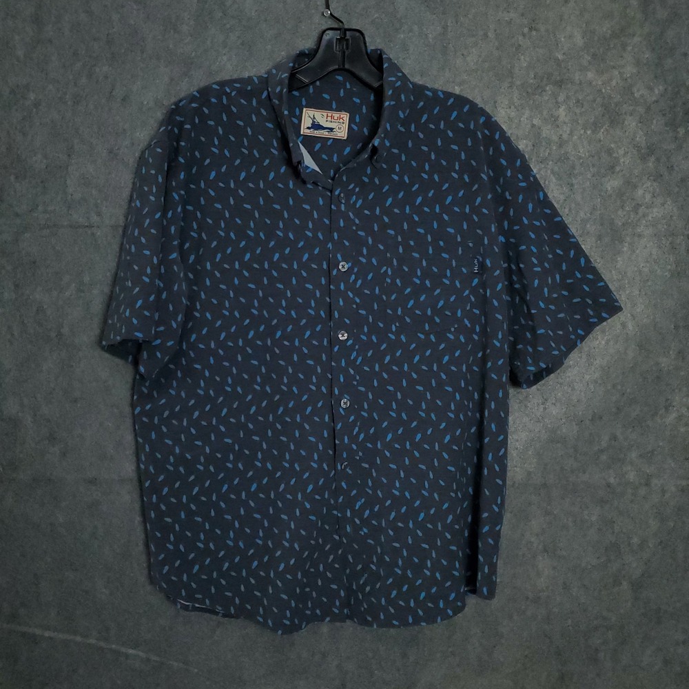 Huk Fishing Button Up Men's‎ Shirt Size M Blue Fish All Over Print Geometric